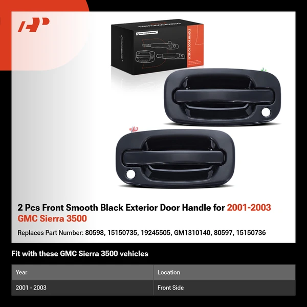 2 Pcs Front Smooth Black Exterior Door Handle for 2001-2003 GMC Sierra 3500