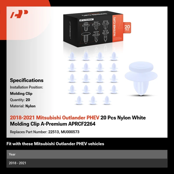 2018-2021 Mitsubishi Outlander PHEV 20 Pcs Nylon White Molding Clip A-Premium APRCF2264