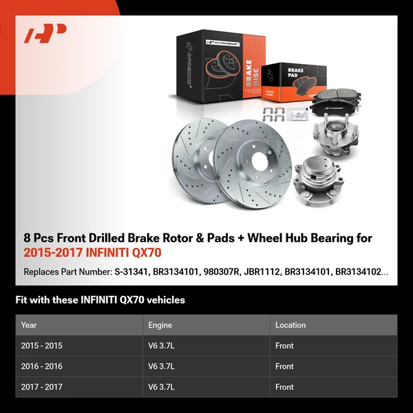 8 Pcs Front Drilled Brake Rotor & Pads + Wheel Hub Bearing for 2015-2017 INFINITI QX70