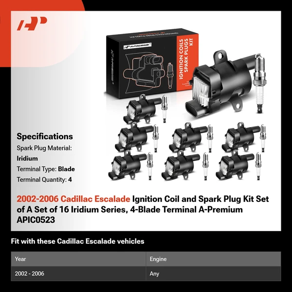 2002-2006 Cadillac Escalade Ignition Coil and Spark Plug Kit Set of A Set of 16 Iridium Series, 4-Blade Terminal A-Premium APIC0523