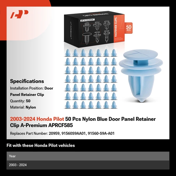 2003-2024 Honda Pilot 50 Pcs Nylon Blue Door Panel Retainer Clip A-Premium APRCF585