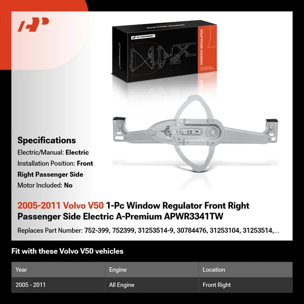 2005-2011 Volvo V50 1-Pc Window Regulator Front Right Passenger Side Electric A-Premium APWR3341TW