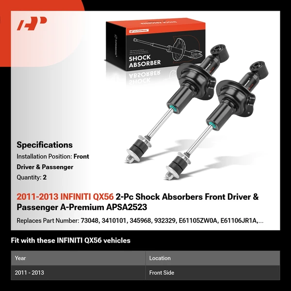 2011-2013 INFINITI QX56 2-Pc Shock Absorbers Front Driver & Passenger A-Premium APSA2523