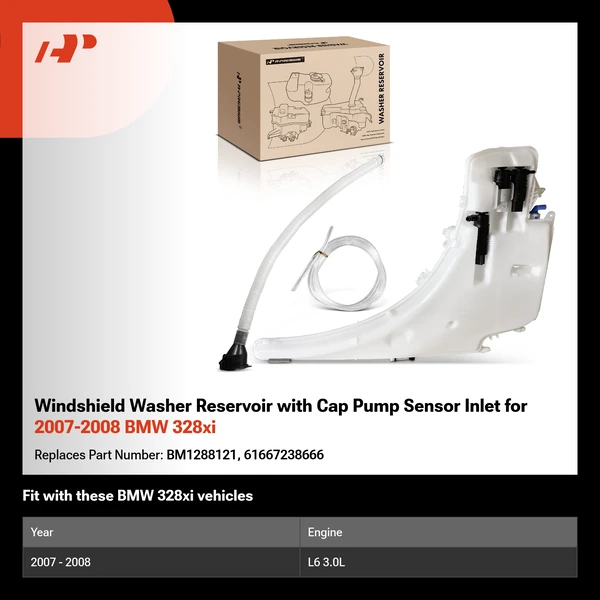 Windshield Washer Reservoir with Cap Pump Sensor Inlet for 2007-2008 BMW 328xi