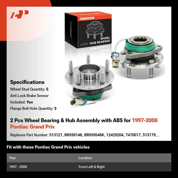 2 Pcs Wheel Bearing & Hub Assembly with ABS for 1997-2008 Pontiac Grand Prix