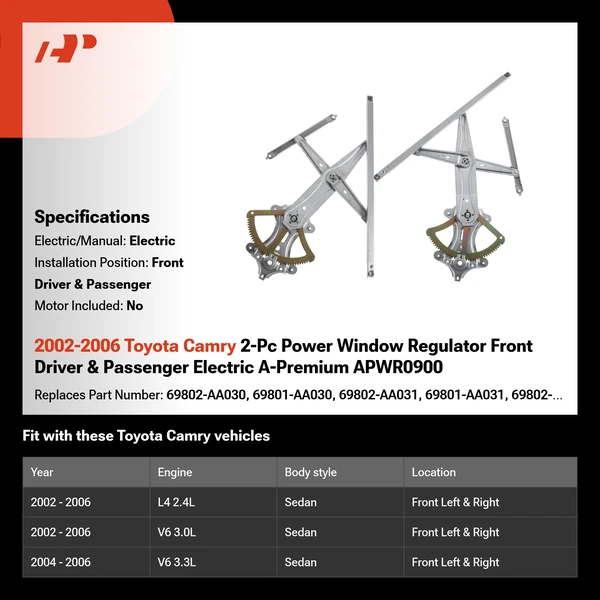 2002-2006 Toyota Camry 2-Pc Power Window Regulator Front Driver & Passenger Electric A-Premium APWR0900