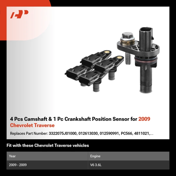 4 Pcs Camshaft & 1 Pc Crankshaft Position Sensor for 2009 Chevrolet Traverse