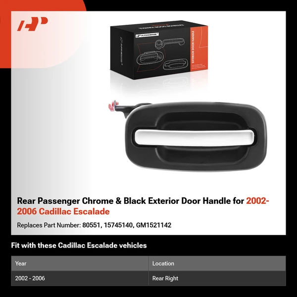 Rear Passenger Chrome & Black Exterior Door Handle for 2002-2006 Cadillac Escalade