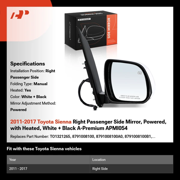 2011-2017 Toyota Sienna Right Passenger Side Mirror, Powered, with Heated, White + Black A-Premium APMI054