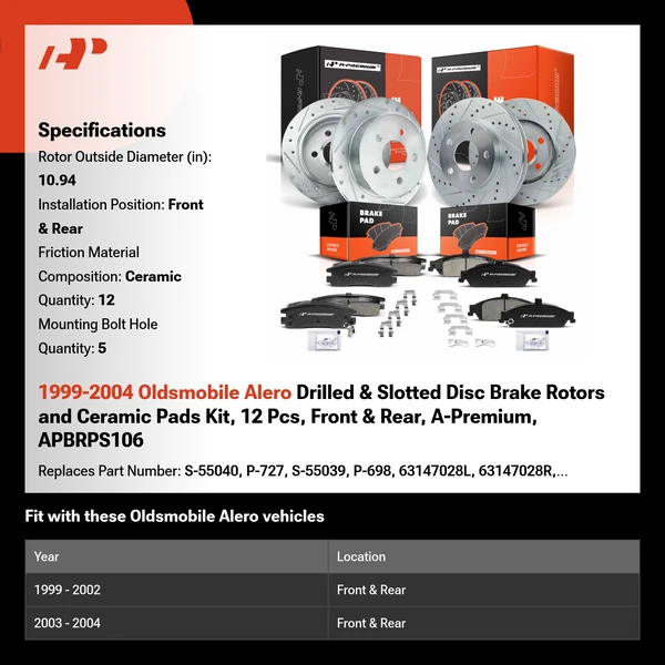 1999-2004 Oldsmobile Alero Drilled & Slotted Disc Brake Rotors and Ceramic Pads Kit, 12 Pcs, Front & Rear, A-Premium, APBRPS106