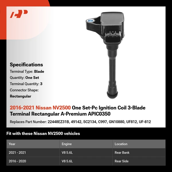 2016-2021 Nissan NV2500 One Set-Pc Ignition Coil 3-Blade Terminal Rectangular A-Premium APIC0350