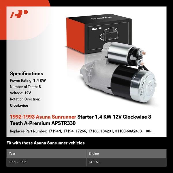 1992-1993 Asuna Sunrunner Starter 1.4 KW 12V Clockwise 8 Teeth A-Premium APSTR330