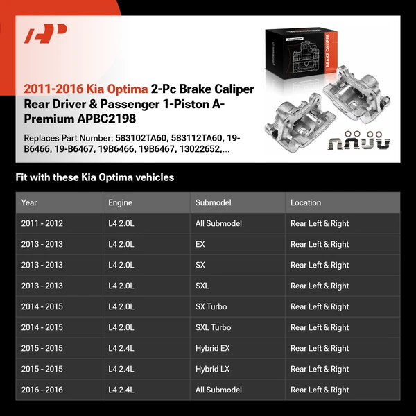 2011-2016 Kia Optima 2-Pc Brake Caliper Rear Driver & Passenger 1-Piston A-Premium APBC2198