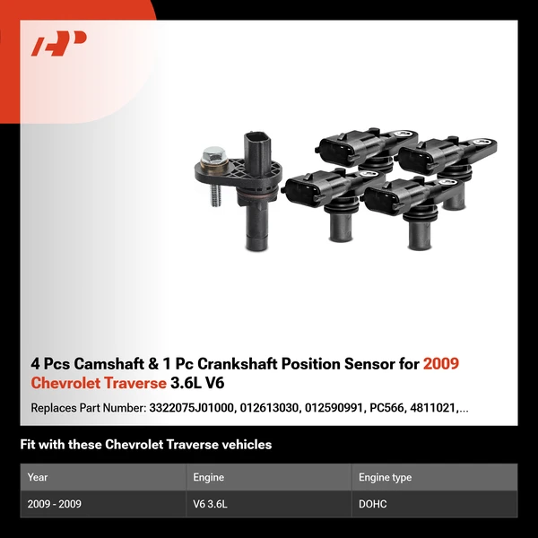 4 Pcs Camshaft & 1 Pc Crankshaft Position Sensor for 2009 Chevrolet Traverse 3.6L V6