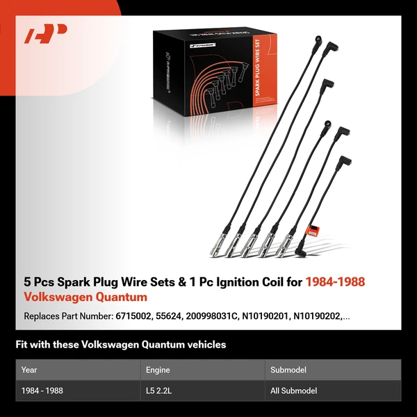 5 Pcs Spark Plug Wire Sets & 1 Pc Ignition Coil for 1984-1988 Volkswagen Quantum