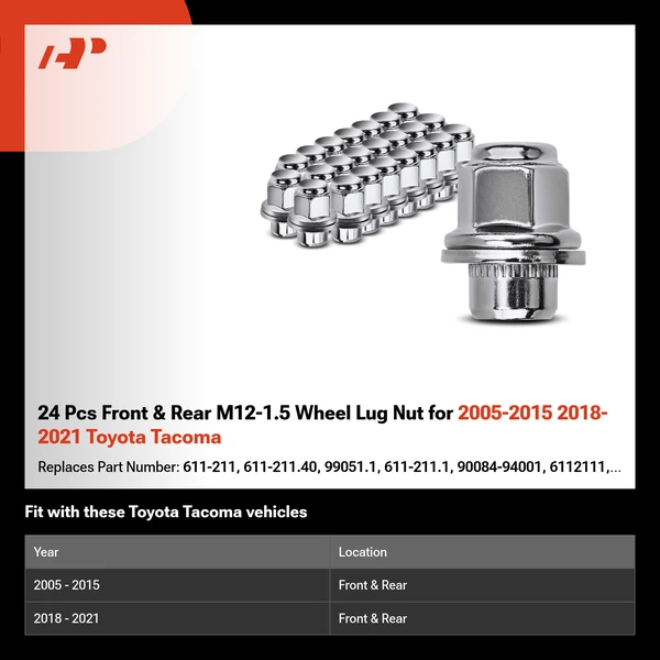 24 Pcs Front & Rear M12-1.5 Wheel Lug Nut for 2005-2015 2018-2021 Toyota Tacoma