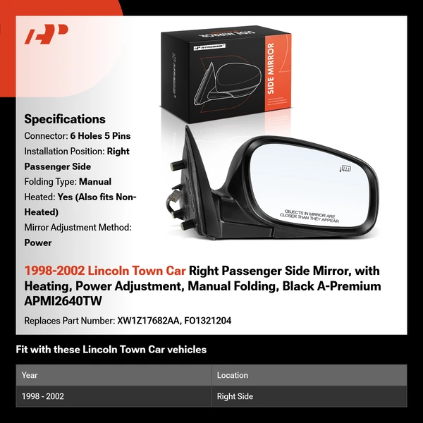 1998-2002 Lincoln Town Car Right Passenger Side Mirror, with Heating, Power Adjustment, Manual Folding, Black A-Premium APMI2640TW