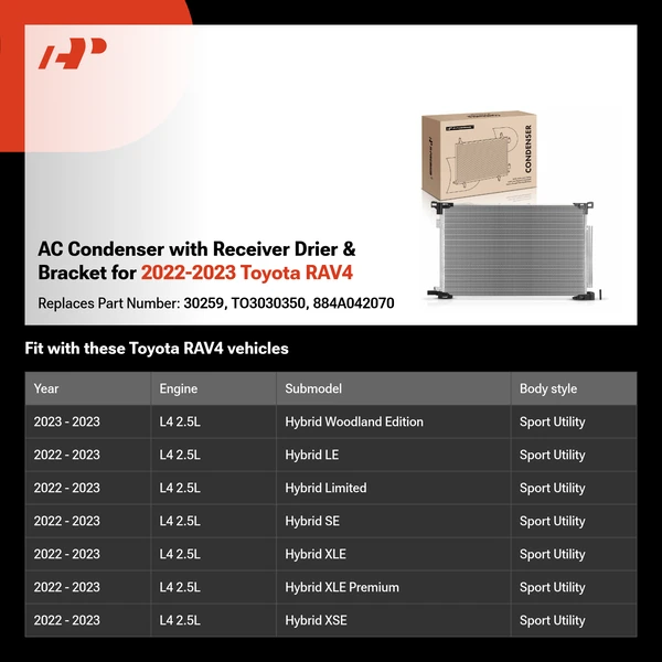 AC Condenser with Receiver Drier & Bracket for 2022-2023 Toyota RAV4