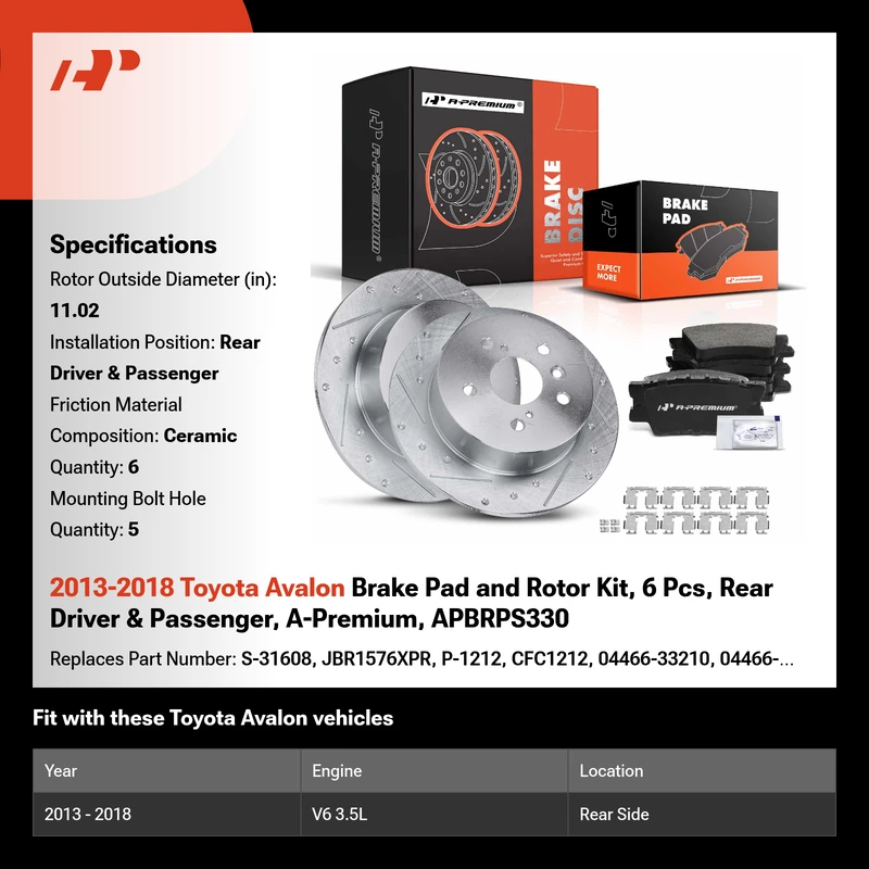 2013-2018 Toyota Avalon Brake Pad and Rotor Kit, 6 Pcs, Rear Driver & Passenger, A-Premium, APBRPS330