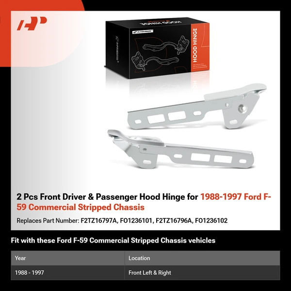 2 Pcs Front Driver & Passenger Hood Hinge for 1988-1997 Ford F-59 Commercial Stripped Chassis