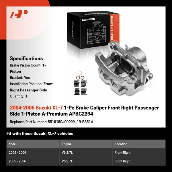 2004-2006 Suzuki XL-7 1-Pc Brake Caliper Front Right Passenger Side 1-Piston A-Premium APBC2394