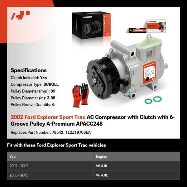 2002 Ford Explorer Sport Trac AC Compressor with Clutch with 6-Groove Pulley A-Premium APACC248