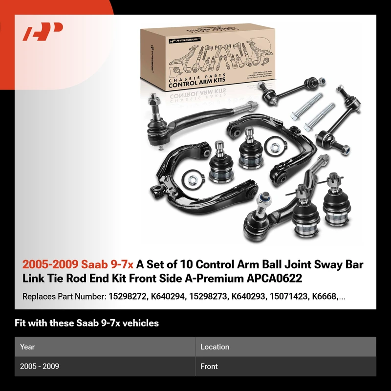 2005-2009 Saab 9-7x A Set of 10 Control Arm Ball Joint Sway Bar Link Tie Rod End Kit Front Side A-Premium APCA0622