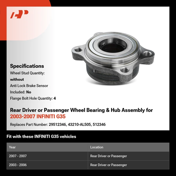Rear Driver or Passenger Wheel Bearing & Hub Assembly for 2003-2007 INFINITI G35
