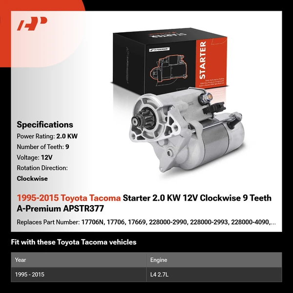 1995-2015 Toyota Tacoma Starter 2.0 KW 12V Clockwise 9 Teeth A-Premium APSTR377
