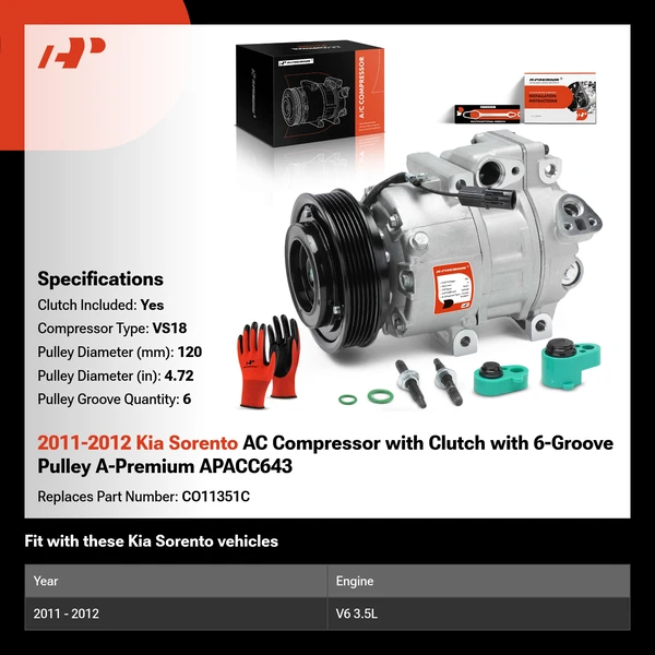 2011-2012 Kia Sorento AC Compressor with Clutch with 6-Groove Pulley A-Premium APACC643