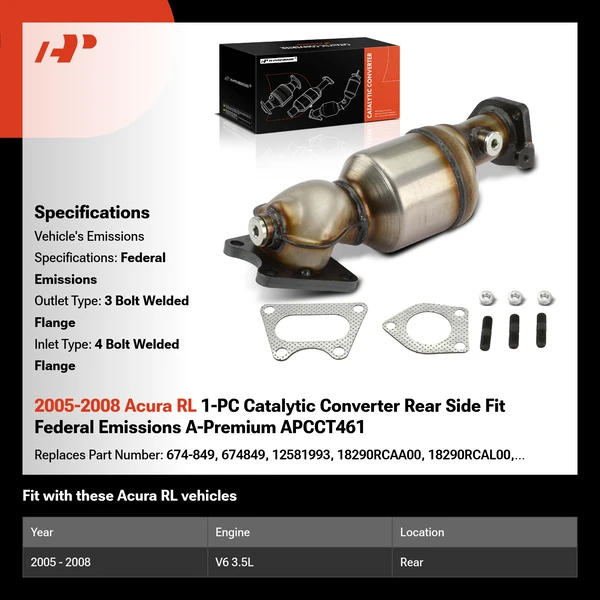 2005-2008 Acura RL 1-PC Catalytic Converter Rear Side Fit Federal Emissions A-Premium APCCT461