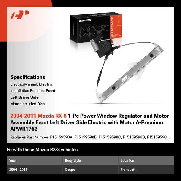 2004-2011 Mazda RX-8 1-Pc Power Window Regulator and Motor Assembly Front Left Driver Side Electric with Motor A-Premium APWR1763