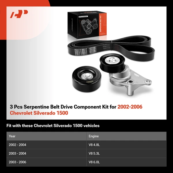 3 Pcs Serpentine Belt Drive Component Kit for 2002-2006 Chevrolet Silverado 1500