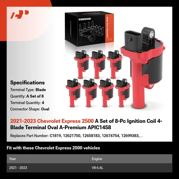 2021-2023 Chevrolet Express 2500 A Set of 8-Pc Ignition Coil 4-Blade Terminal Oval A-Premium APIC1458