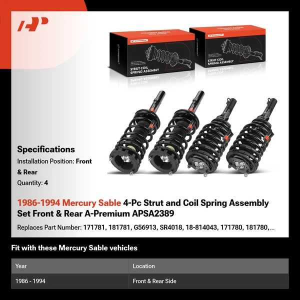 1986-1994 Mercury Sable 4-Pc Strut and Coil Spring Assembly Set Front & Rear A-Premium APSA2389