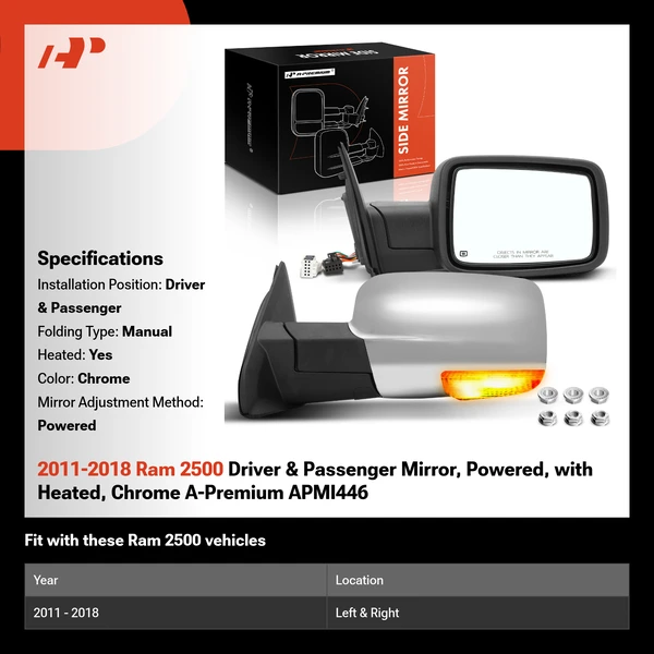 2011-2018 Ram 2500 Driver & Passenger Mirror, Powered, with Heated, Chrome A-Premium APMI446