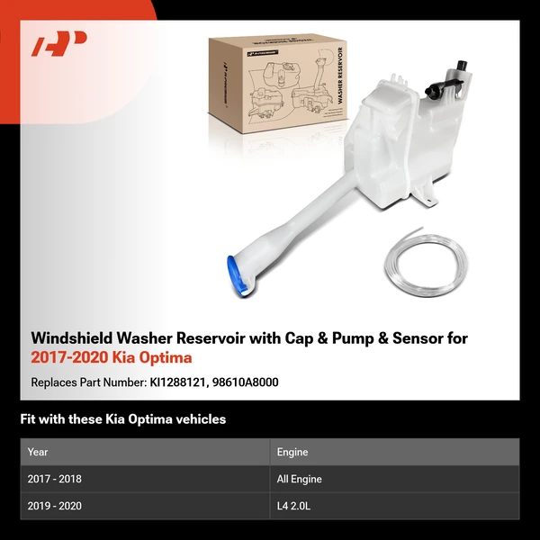 Windshield Washer Reservoir with Cap & Pump & Sensor for 2017-2020 Kia Optima