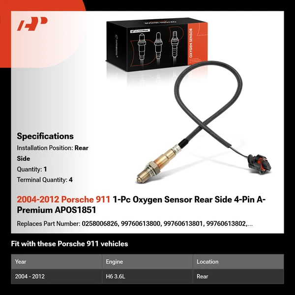 2004-2012 Porsche 911 1-Pc Oxygen Sensor Rear Side 4-Pin A-Premium APOS1851