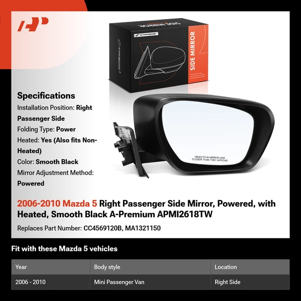 2006-2010 Mazda 5 Right Passenger Side Mirror, Powered, with Heated, Smooth Black A-Premium APMI2618TW