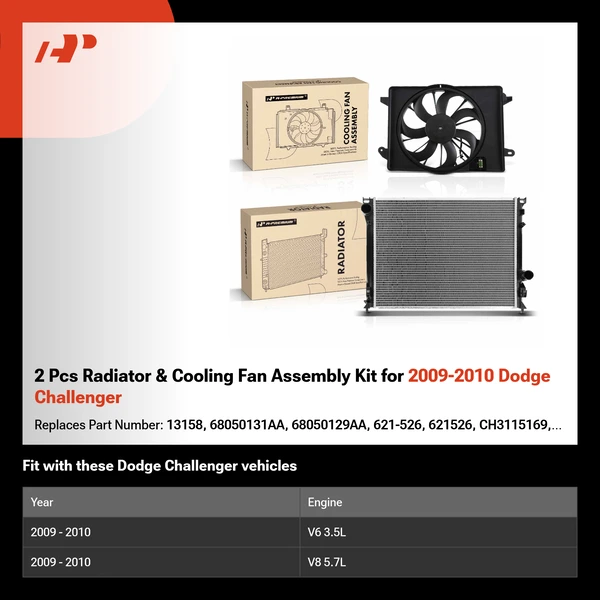 2 Pcs Radiator & Cooling Fan Assembly Kit for 2009-2010 Dodge Challenger