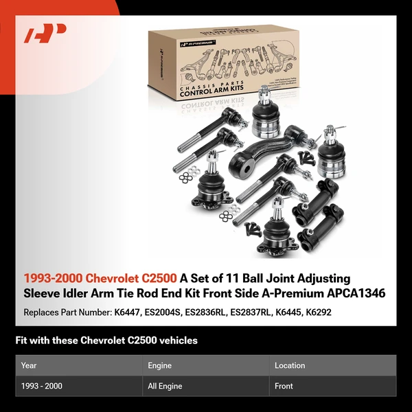 1993-2000 Chevrolet C2500 A Set of 11 Ball Joint Adjusting Sleeve Idler Arm Tie Rod End Kit Front Side A-Premium APCA1346