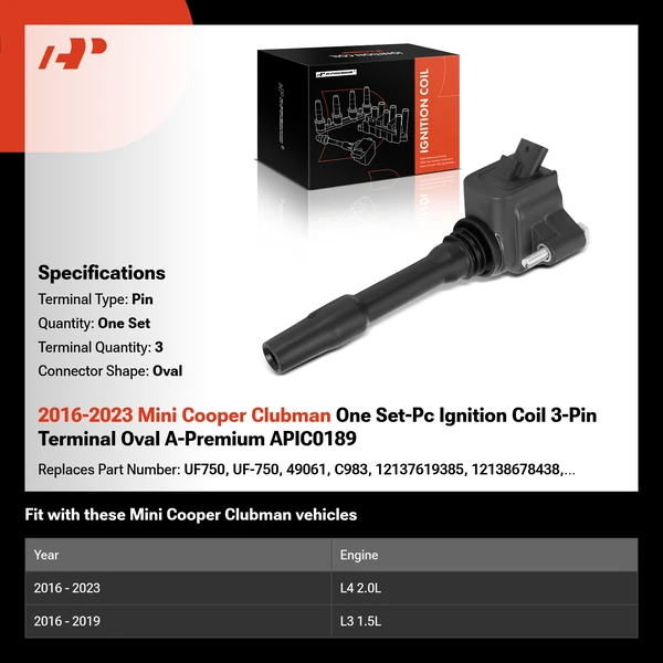2016-2023 Mini Cooper Clubman One Set-Pc Ignition Coil 3-Pin Terminal Oval A-Premium APIC0189