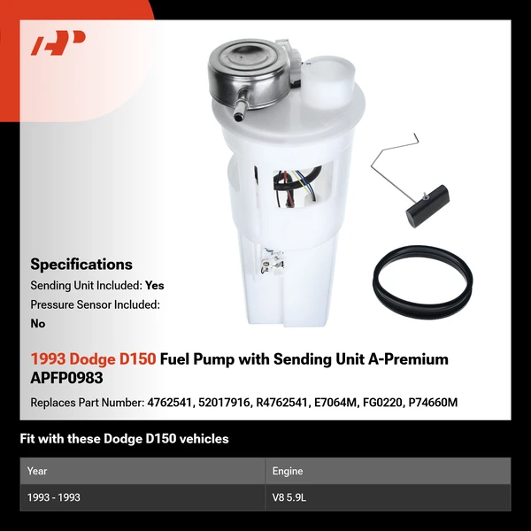 1993 Dodge D150 Fuel Pump with Sending Unit A-Premium APFP0983