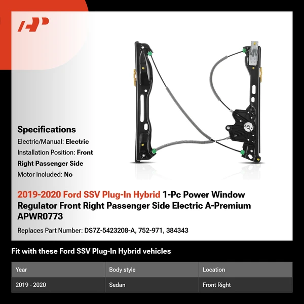 2019-2020 Ford SSV Plug-In Hybrid 1-Pc Power Window Regulator Front Right Passenger Side Electric A-Premium APWR0773