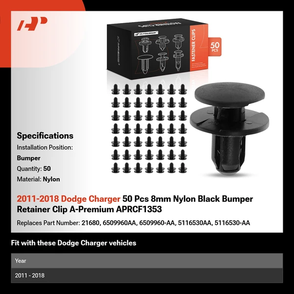 2011-2018 Dodge Charger 50 Pcs 8mm Nylon Black Bumper Retainer Clip A-Premium APRCF1353