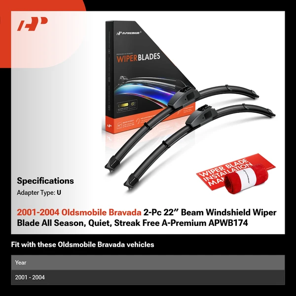 2001-2004 Oldsmobile Bravada 2-Pc 22″ Beam Windshield Wiper Blade All Season, Quiet, Streak Free A-Premium APWB174