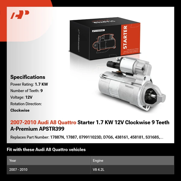 2007-2010 Audi A8 Quattro Starter 1.7 KW 12V Clockwise 9 Teeth A-Premium APSTR399