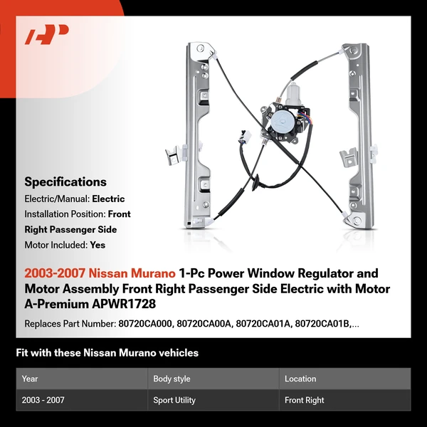 2003-2007 Nissan Murano 1-Pc Power Window Regulator and Motor Assembly Front Right Passenger Side Electric with Motor A-Premium APWR1728
