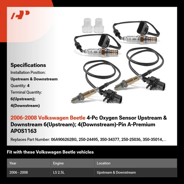 2006-2008 Volkswagen Beetle 4-Pc Oxygen Sensor Upstream & Downstream 6(Upstream); 4(Downstream)-Pin A-Premium APOS1163