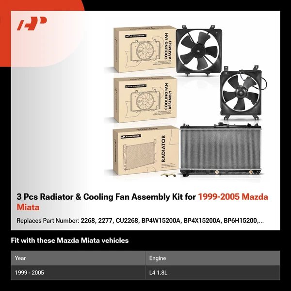 3 Pcs Radiator & Cooling Fan Assembly Kit for 1999-2005 Mazda Miata